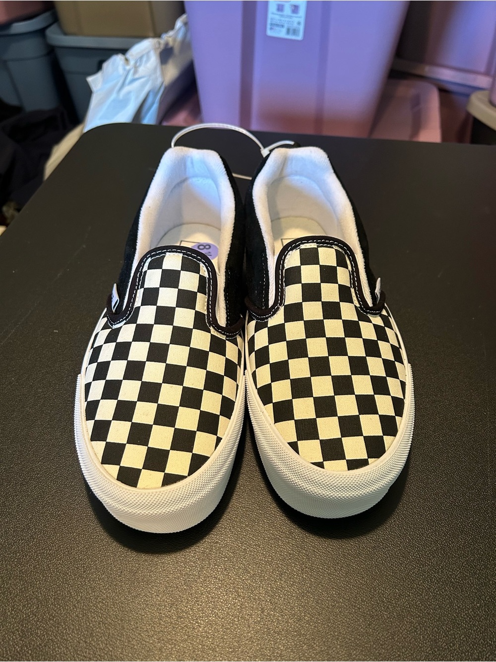 white & black checkered Vans slip-on sneakers in US 8.5
